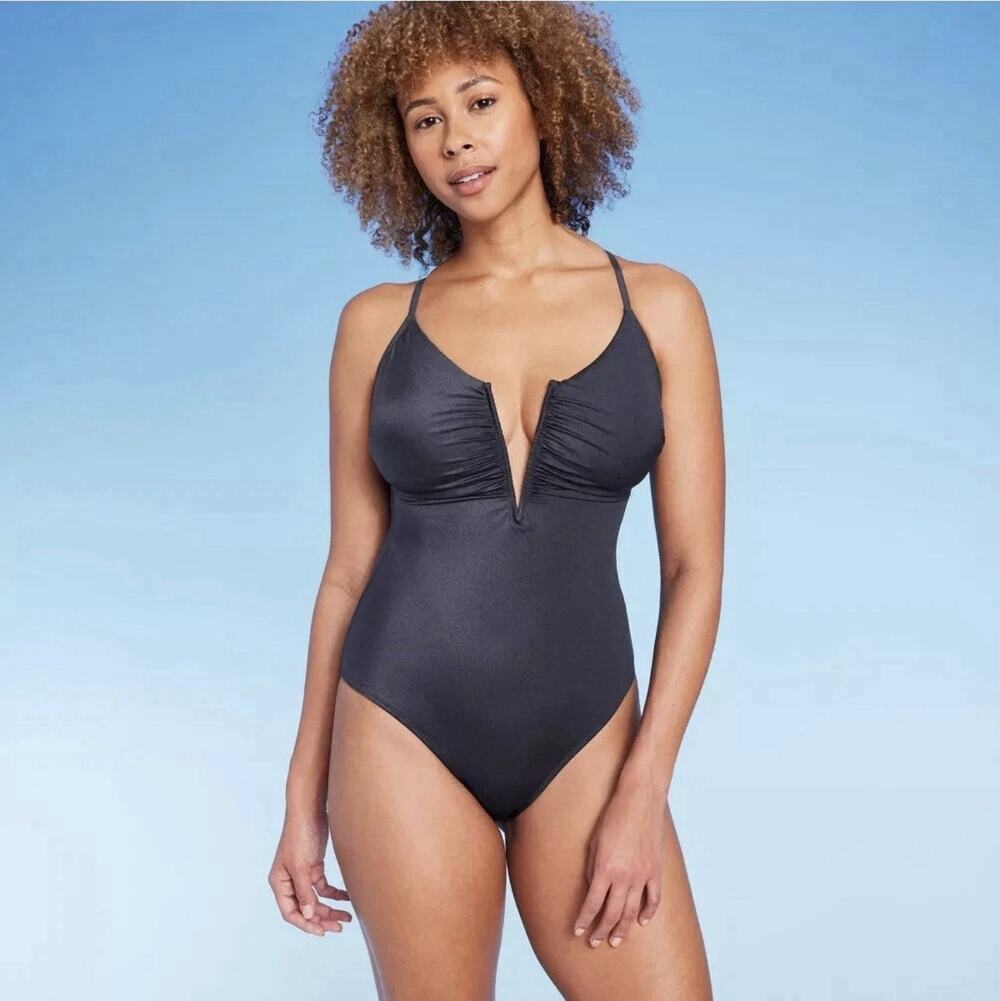 Shade & Shore Women's Medium Navy V-Wire Plunge One Piece Swimsuit NEW